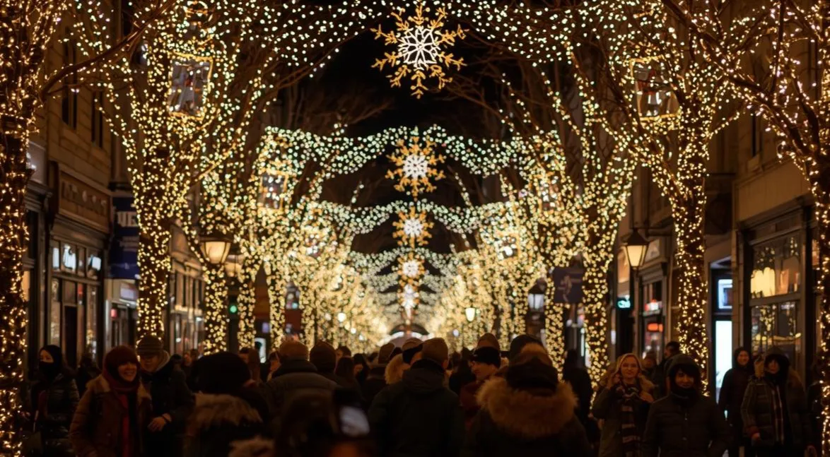 haz una calle con luces navideñas, alegría, ilusión